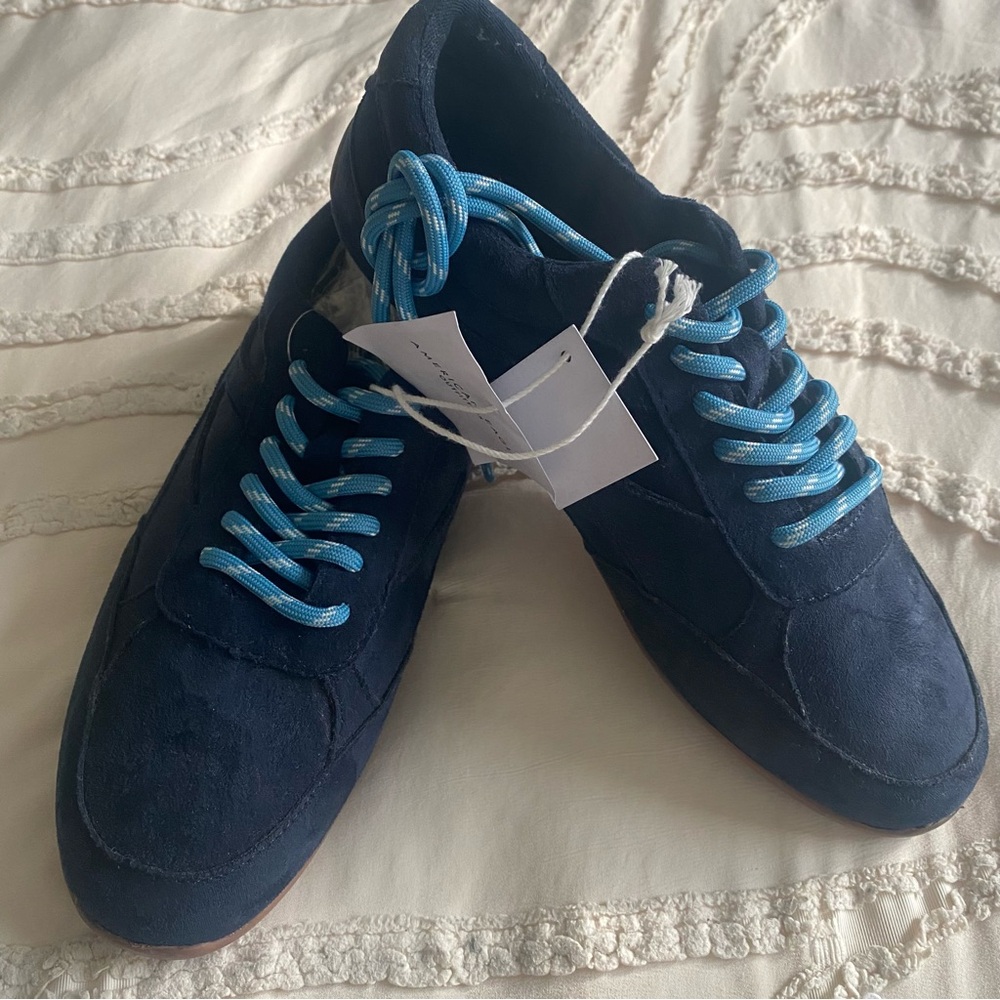 American Eagle Outfitters Navy Suede Sneaker with Aqua Laces - Picture 5 of 8